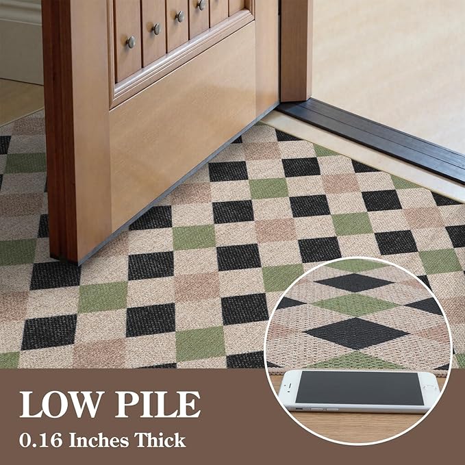 Collive Checkered Easy Jute Outdoor Patio Rugs for Entryway, 3x5 Washable Black and Green Diamond Kitchen Carpet, Modern Non Slip Woven Door Mats for Bedroom Entrance Nursery Classroom
