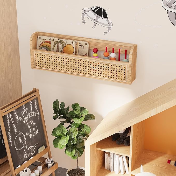 Wooden Rattan Wall Shelf - 24’’ Nursery Hanging Book Shelves for Wall, Picture Ledge Wicker Shelf, Boho Decorative Shelves for Netural Nursery Decor, Floating Rattan Shelf for Office,Bedroom