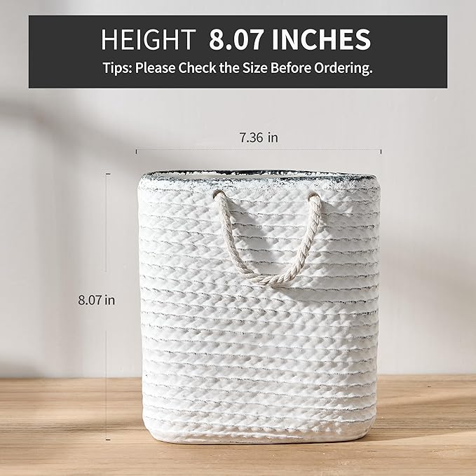 Vaseking Elegant White Petite Vase, 8 inch Ceramic Modern Minimalism Basket Vase with Hanging Rope, Creative Tote Bag Vases for Home Decor, Living Room, Wedding, Bookshelf Decor