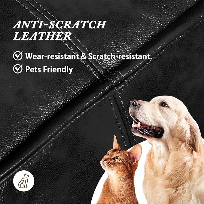 Leather Ottoman,Handmade Stuffed Square Ottoman,Genuine Leather Pouf, Foot Rest Pouf,Comfortable Soft Seating for Living Room & Bedroom (Black, Square)