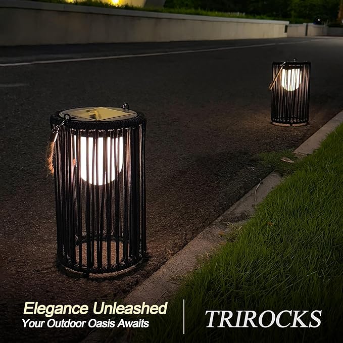 TRIROCKS Set of 2 Solar Lantern Outdoor Table Lamp Outside Hanging Solar Lights with Olifen Rope Waterproof Rattan Outside Deck Light for Patio Garden Lawn Yard (Black)