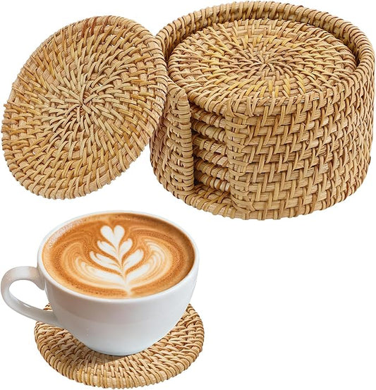 8pcs Natural Handmade Rattan Coasters with Holder - Wicker Drink Coasters Set for Protecting Table, Housewarming Gifts Boho Fall Home Décor