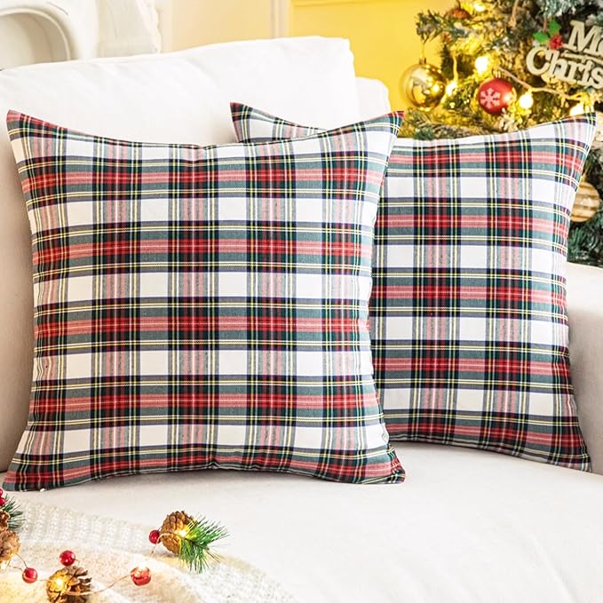AQOTHES Pack of 2 Christmas Plaid Decorative Throw Pillow Covers Scottish Tartan Cushion Case for Farmhouse Home Holiday Decor Red and White, 16 x 16 Inches