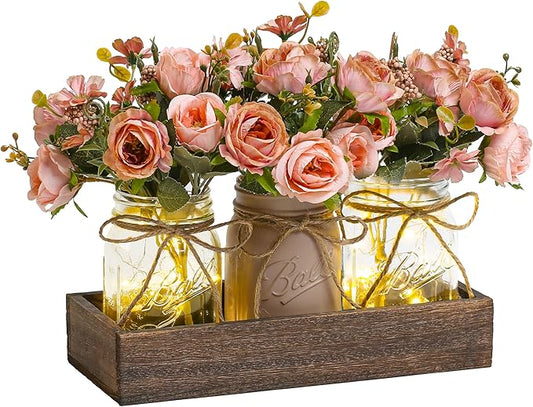 DUOER 3 Pcs Mason Jar Centerpiece Table Decorations for Dining Table Decor Farmhouse Coffee Table Decor with Wood Tray and Led Light Table Centerpieces for Dining Room Kitchen Living Bathroom,Pink