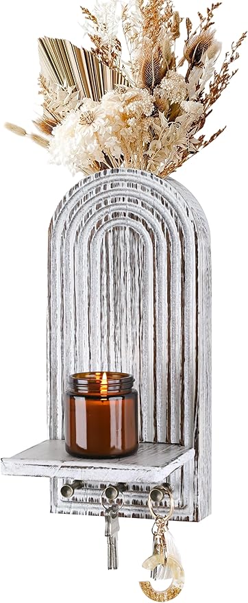 3-in-1 Wooden Wall Organizer - Planter Vase + Candle Sconces + Hooks (No Dried Flower)- Farmhouse Hanging Decor Boho Wall Art for Indoor Plants Artificial Eucalyptus for Living Room Bedroom Washwhite