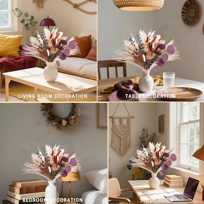 Handmade Bohemian Dried Flower Bouquet – Finished Floral Arrangement with Pincushion Flower, Pampas Grass, Bunny Tails & Eucalyptus – Rustic Farmhouse, Party, Shelf, Dining Table & Home Decor