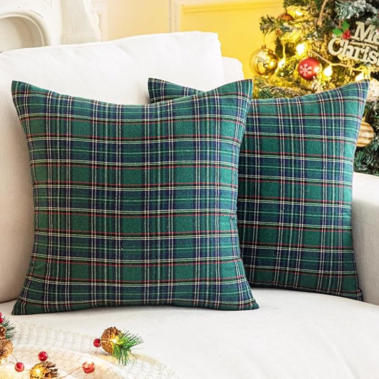 AQOTHES Pack of 2 Christmas Plaid Decorative Throw Pillow Covers Scottish Tartan Cushion Case for Farmhouse Home Holiday Decor Green and Blue, 24 x 24 Inches