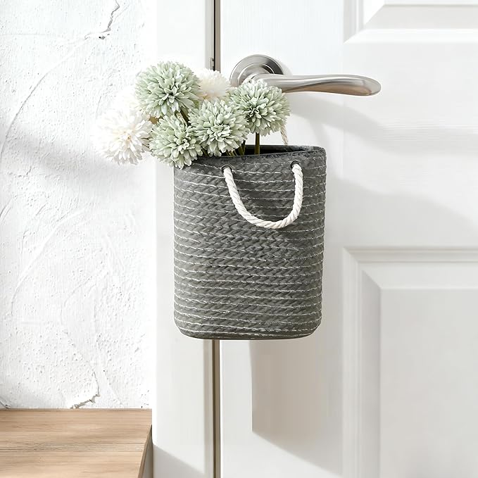 Vaseking Elegant Petite Vase, 6.6 inch Ceramic Modern Minimalism Basket Vase with Hanging Rope, Creative Tote Bag Vases for Home Decor, Living Room, Wedding, Bookshelf Decor, Gray