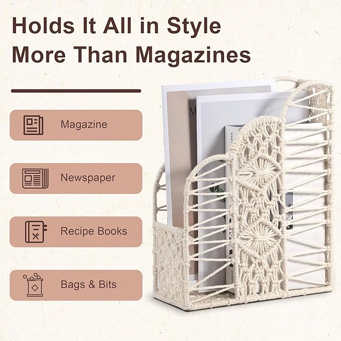 BROWNLILY Macrame Magazine Holder - Unique Handwoven Basket for Books & Home Decor, Exclusive Cotton Rope Weaving Art, Single Piece