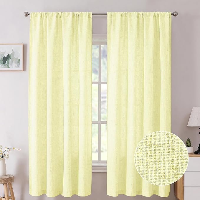 Tollpiz Short Linen Curtain Living Room Rod Pocket Semi Sheer Curtains Burlap Light Filtering Thick Linen Drape for Bedroom, 54 x 45 inches Long, Cream Yellow, Set of 2 Panels