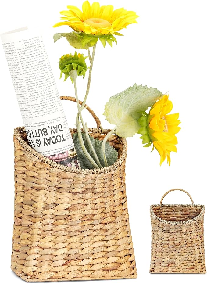 Water Hyacinth Wall Basket, Boho Hand-Woven Hanging Basket for Front Door, Porch & Entryway, Wicker Basket Organizes Mail, Books, Plants, Flowers & Decor, 13x8.5 Inch