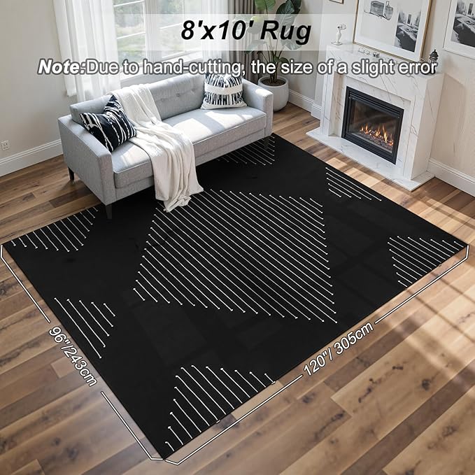 LIVEBOX Boho Area Rug 8' x 10' Black Living Room Rug Washable Moroccan Cotton Rugs for Bedroom, Large Thin Carpet Indoor Outdoor Floor Rug for Dining Room Home Office