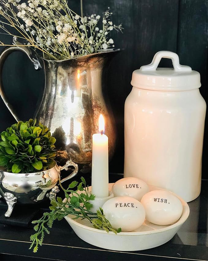 DN DECONATION White Ceramic Candle Holders, Modern Candlestick Holder with Tray, Boho Candle Holder, Unique Round Stoneware Candle Holder for Taper Candles, Halloween Christmas Fall Decor