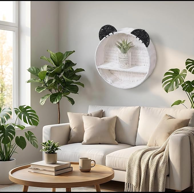 Wicker Wall Shelf, Round Rattan Hanging Organizer with Black Ears, Cute Nursery Wall Decor for Kids Room, Baby Bedroom Storage Rack, Small Floating Shelf for Plants, Toys & Home Décor