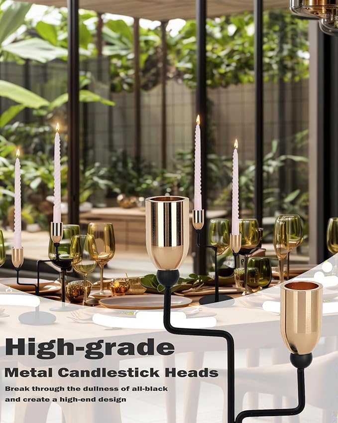 Metal Double Taper Candle Holder, Modern Gold & Black Candle Holder with Stable Base, Decorative Candle Stand for Home Decor, Wedding, Dining, Party, Anniversary