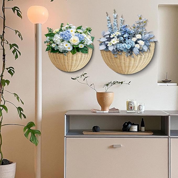 Scalloped Wall Basket, 2pcs Hand Woven Hanging Wicker Wall Baskets Set, Scalloped Rattan Wall Storage & Decor for Home, Bathroom, Kitchen, Living Room (16 x 12 x 7 & 14 x 8 x 6 Inch)