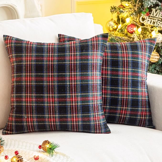 AQOTHES Pack of 2 Christmas Plaid Decorative Throw Pillow Covers Scottish Tartan Cushion Case for Farmhouse Home Holiday Decor Red and Black, 18 x 18 Inches