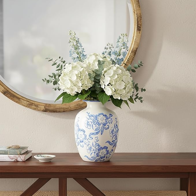 Wancetang Blue and White Chinoiserie Vase for Home Decor- 7 Inch Ceramic Floral Vase for Pampas Grass, Night Stand, Coastal, Kitchen Island, Dining Table Decor