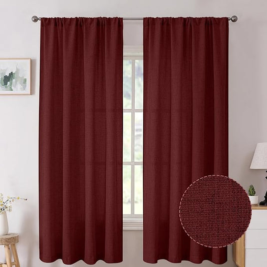 Tollpiz Short Linen Curtain Living Room Rod Pocket Semi Sheer Curtains Burlap Light Filtering Thick Linen Drape for Bedroom, 54 x 45 inches Long, Burgundy Red, Set of 2 Panels