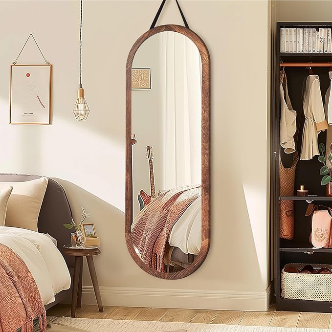 16"x48" Oval Full Length Mirror Solid Wood Wall Mirror with Hanging Strap for Living Room Bathroom Bedroom Entryway - Brown