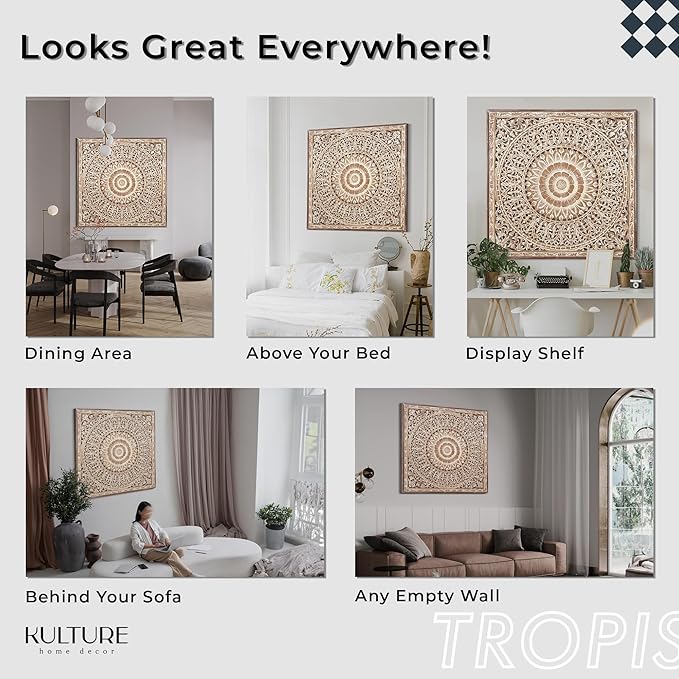 KultureDeco Large Spiritual Mandala Décor Wood Wall Hanging Decor | Above Bed Wall Decor | Living Room & Bedroom Décor Asethetic | Zen Farmhouse Wall Art (Cendana (Antic-Wash))