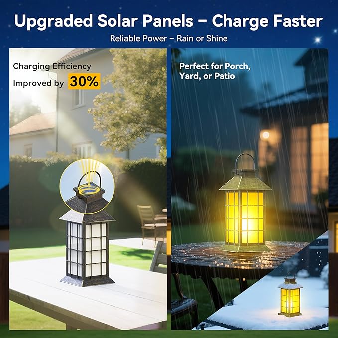 anyperfect 2 Pack 13" Bronze Solar Lantern with Flickering Flame Candle | Outdoor Waterproof Hanging Lanterns, Metal & Glass Solar Lights for Garden Decoration, Rustic Gifts for Mom