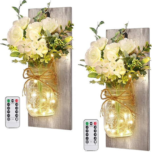 Wall Decor Mason Jar Sconces - Home Decor Wall Art Hanging Design with Remote Control LED Fairy Lights and White Rose, Farmhouse Wall Decorations for Bedroom Living Room Lights Set of Two