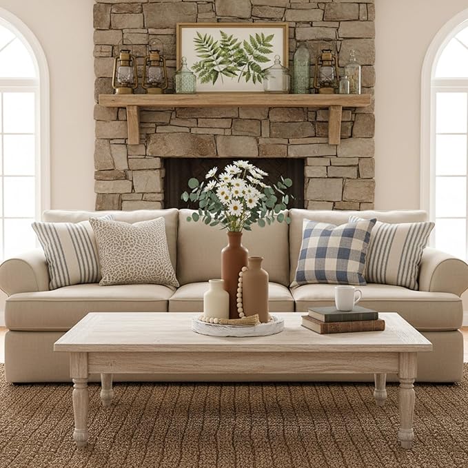 Tiangrid 5 Pcs Rustic Country Tabletop Centerpieces Decor Set of 3 Boho Ceramic Vases with Wooden Serving Tray Wood Bead Garland Tassels Table Holder for Home Decorations (Brown)