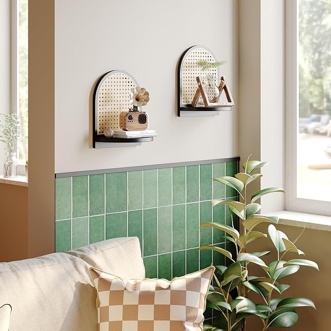 Rattan Shelf Set of 2, 7'' Black Rattan Shelf with Wicker Decor, Boho Wall Decor Small Floating Shelf for Plant Figurines Display, Mini Shelves for Knick Knack Storage