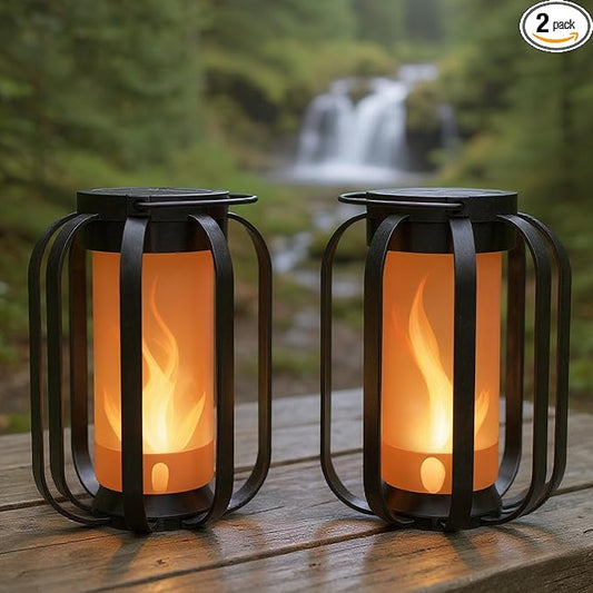 Modern Solar Lanterns Outdoor Waterproof - Patented Flickering LED Flame Effect, IP65 Waterproof, Matte Black Finish, Hanging Solar Lights for Outside for Patio, Garden, Porch, Outdoor Decor (2 Pack)
