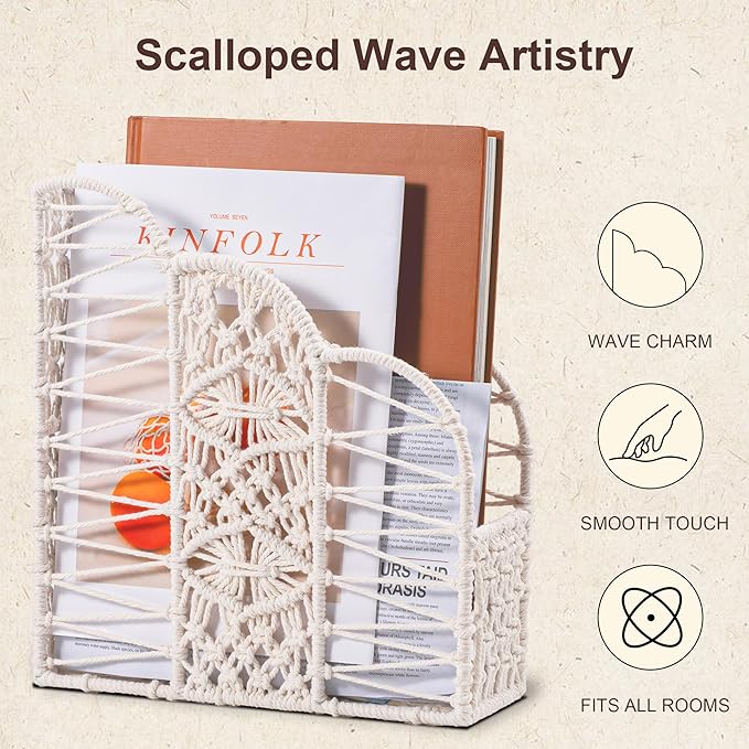 BROWNLILY Macrame Magazine Holder - Unique Handwoven Basket for Books & Home Decor, Exclusive Cotton Rope Weaving Art, Single Piece
