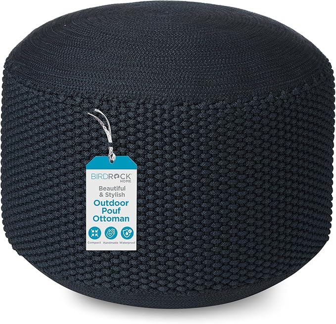 BIRDROCK HOME Outdoor Pouf Ottoman | Hand Woven Waterproof Foot Stool with Bead Bag Filling | Boho Foot Rest for Patio, Living Room, Porch & Outdoor Seating | Lightweight, Soft Stuffed Chair | Navy