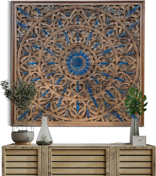 KultureDeco Large Spiritual Mandala Décor [40x40 inch] Wood Wall Hanging Decor | Above Bed Wall Decor | Living Room & Bedroom Décor Asethetic | Zen Farmhouse Wall Art (Tropis (Brown-Blue))