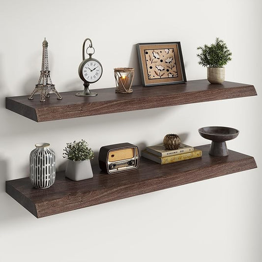 RICHFOCUS Live Edge Elm Floating Shelves - 40" W x 9.3" D Rustic Solid Wood Wall Shelves with Invisible Bracket, Wall-Mounted for Living Room, Bedroom, Kitchen Storage & Display, Set of 2, Walnut