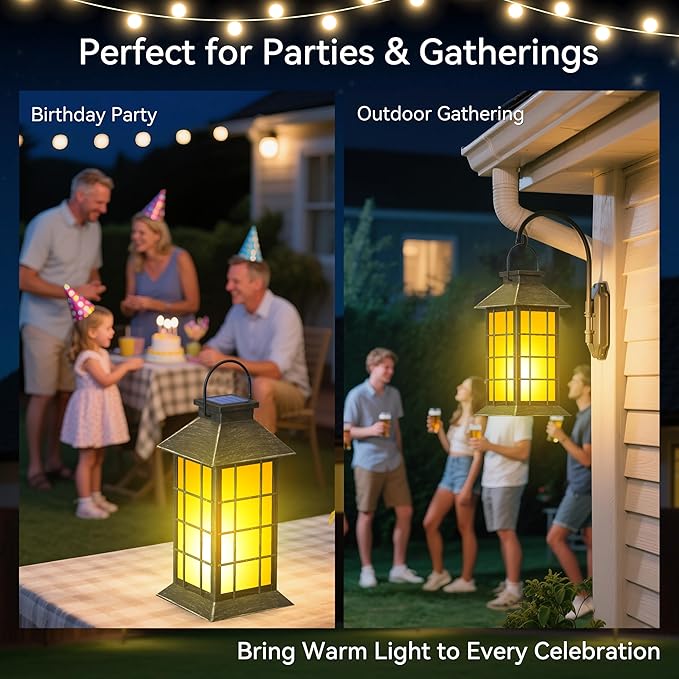 anyperfect 2 Pack 13" Patina Solar Lantern with Flickering Flame Candle | Outdoor Waterproof Hanging Lanterns, Metal & Glass Solar Lights for Garden Decoration, Rustic Outdoor Gifts for Mom