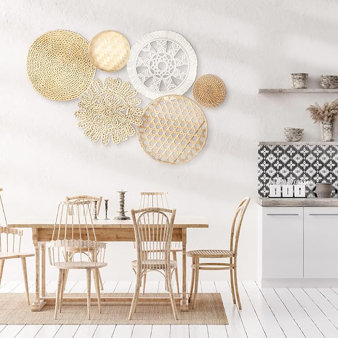 Marsui Boho Wall Basket Decor Set of 6 Rustic Hanging Round Flat Woven Baskets Rattan Wicker Wall Decor Art for Farmhouse Home Table Settings Living Room Bedroom Decoration