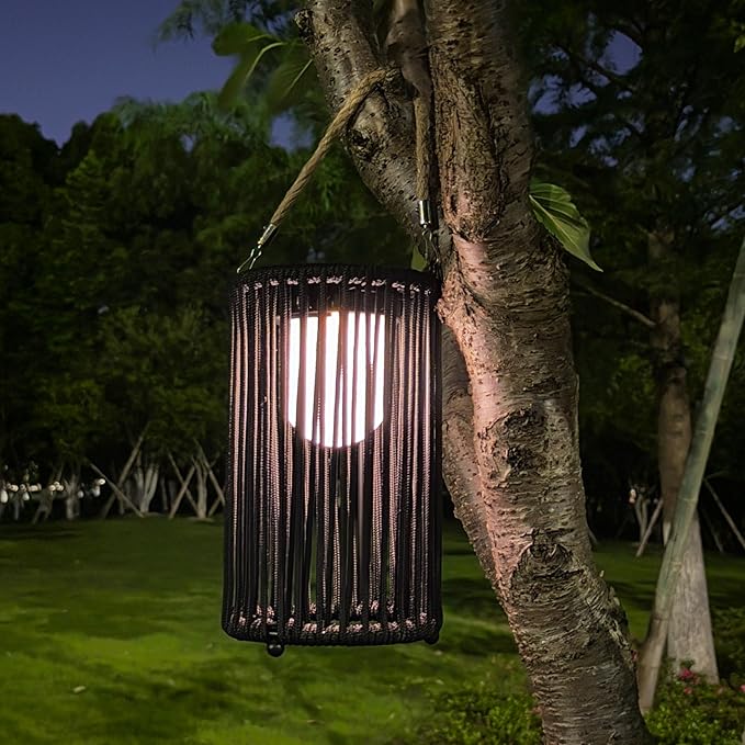 TRIROCKS Set of 2 Solar Lantern Outdoor Table Lamp Outside Hanging Solar Lights with Olifen Rope Waterproof Rattan Outside Deck Light for Patio Garden Lawn Yard (Black)