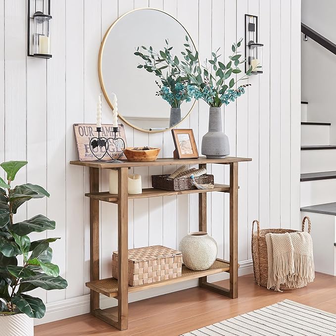 Boho Solid Wood Console Table – 39.4 Inches Rustic Farmhouse Entryway Table with Rattan Shelf, 3 Tier Open Tiered Console Table, Sofa Table for Hallway, Living Room, Foyer