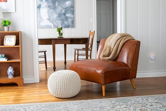 BIRDROCK HOME Round Pouf Ottoman | Cotton Braided Foot Stool with Bean Bag Filling | Boho Foot Rest for Living Room & Bedroom | Compact & Comfortable Seating, Lightweight & Soft | Natural