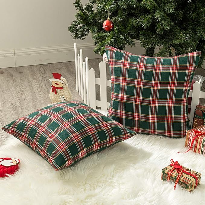AQOTHES Pack of 2 Christmas Plaid Decorative Throw Pillow Covers Scottish Tartan Cushion Case for Farmhouse Home Holiday Decor Red and Green, 20 x 20 Inches