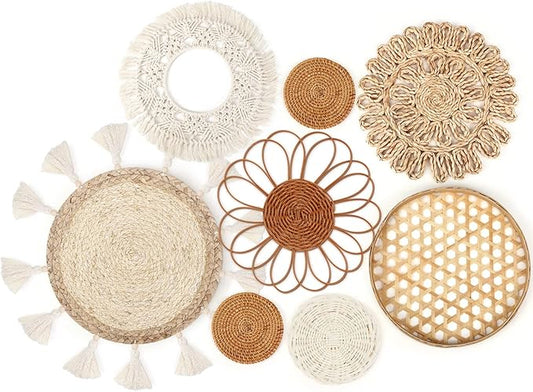 Marsui Set of 8 Boho Wall Hanging Set - Woven Rattan, Bamboo Baskets with Macrame Tassels & Tapestry for Bedroom, Living Room, Nursery Decor