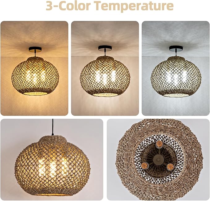 3-Light Rattan Pendant Light, 16.54 Inchesk Boho Wicker Hand-Woven Hanging Kitchen Island Chandelier for Dining Room Bedroom for Dining Room, Living Room, Bedroom, Kitchen, Farmhouse