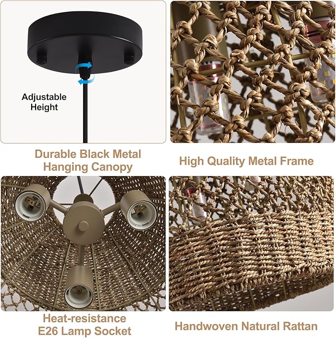 13.39" Rattan Pendant Light 3-Light Boho Hanging Wicker Hand-Woven Seagrass Chandelier for Kitchen Islands Farmhouse