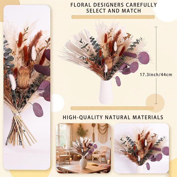 Handmade Bohemian Dried Flower Bouquet – Finished Floral Arrangement with Pincushion Flower, Pampas Grass, Bunny Tails & Eucalyptus – Rustic Farmhouse, Party, Shelf, Dining Table & Home Decor