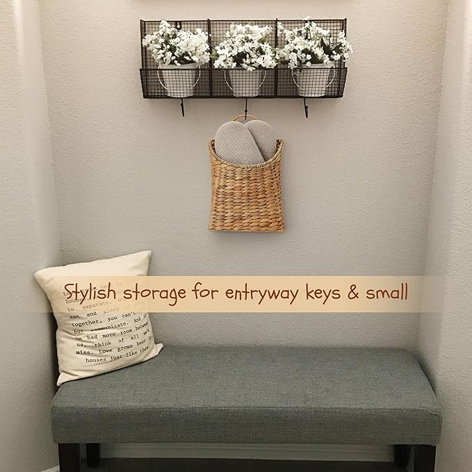 Water Hyacinth Wall Basket, Boho Hand-Woven Hanging Basket for Front Door, Porch & Entryway, Wicker Basket Organizes Mail, Books, Plants, Flowers & Decor, 13x8.5 Inch