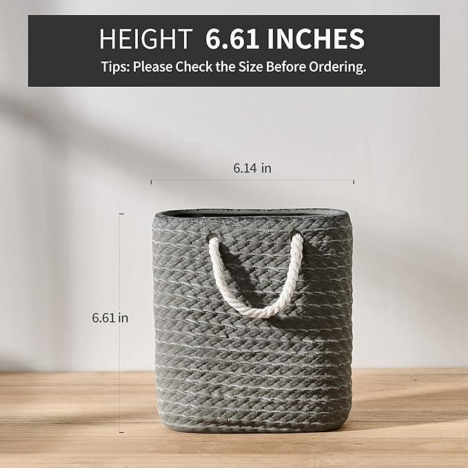Vaseking Elegant Petite Vase, 6.6 inch Ceramic Modern Minimalism Basket Vase with Hanging Rope, Creative Tote Bag Vases for Home Decor, Living Room, Wedding, Bookshelf Decor, Gray