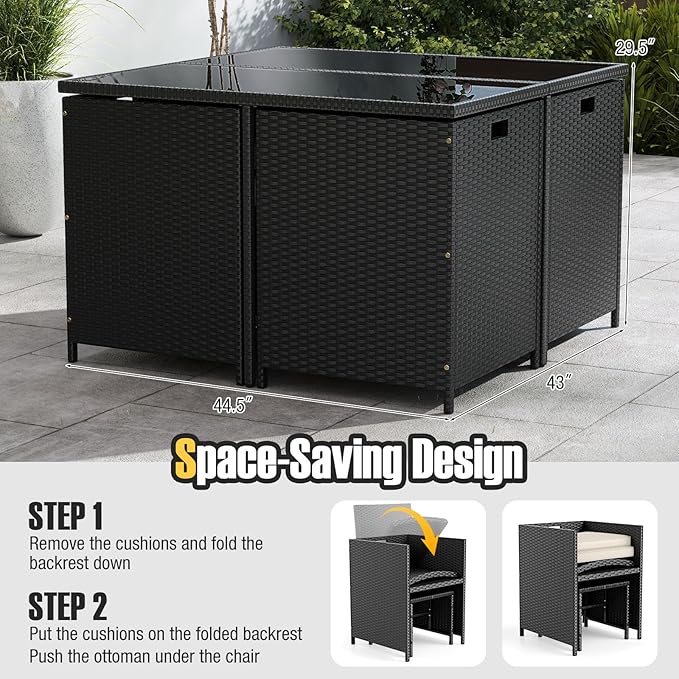 Tangkula 9 Piece Patio Dining Set, Rattan Chairs with Tempered Glass Table & Ottoman, Space Saving Wicker Sectional Conversation Set with Removable Cushions, Outdoor Furniture for Backyard Garden Deck