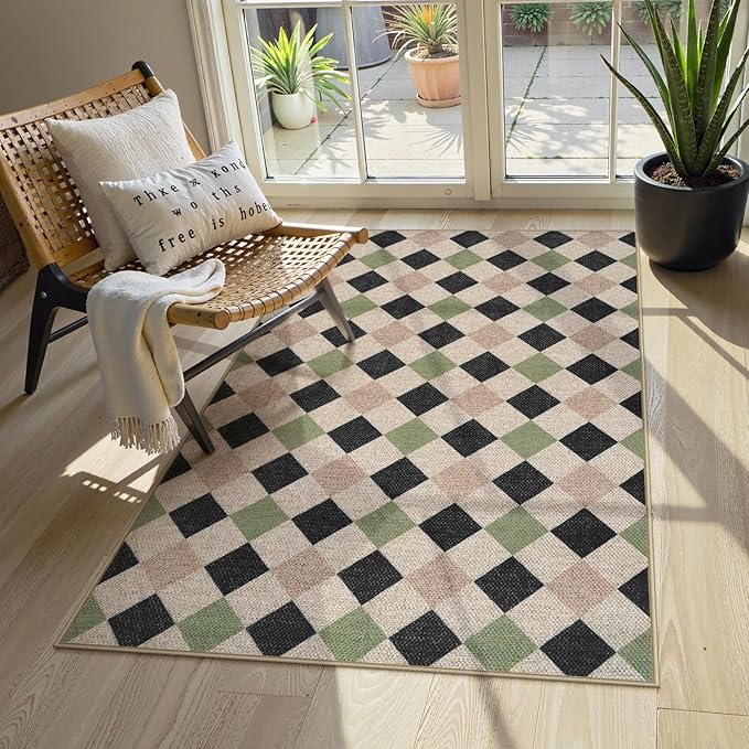 Collive Checkered Easy Jute Outdoor Patio Rugs for Entryway, 3x5 Washable Black and Green Diamond Kitchen Carpet, Modern Non Slip Woven Door Mats for Bedroom Entrance Nursery Classroom