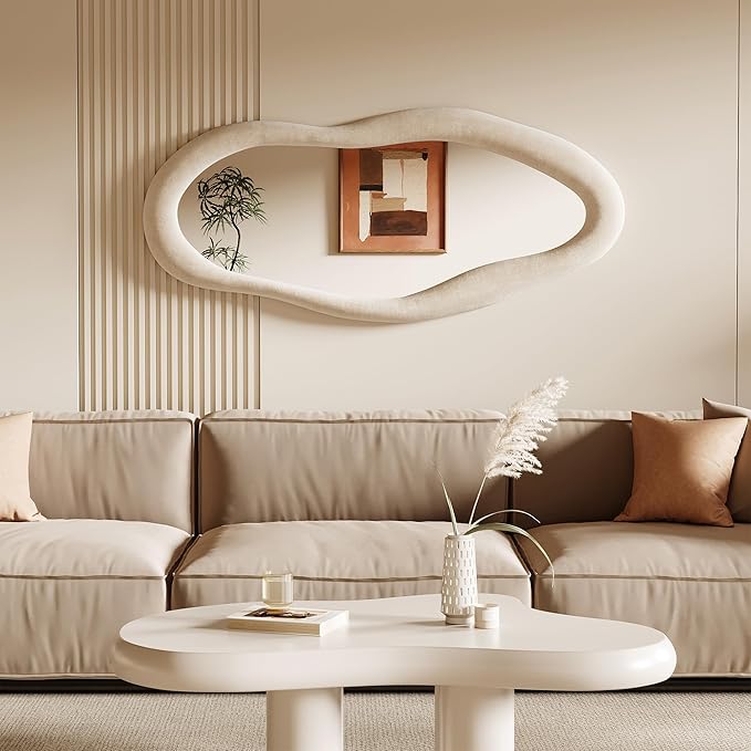 Honyee 55" x 24" Wall Mirror, Flannel Wrapped Wooden Frame Wavy Mirror, Irregular Mirror Hanging for Cloakroom/Bedroom/Living Room, Ivory White