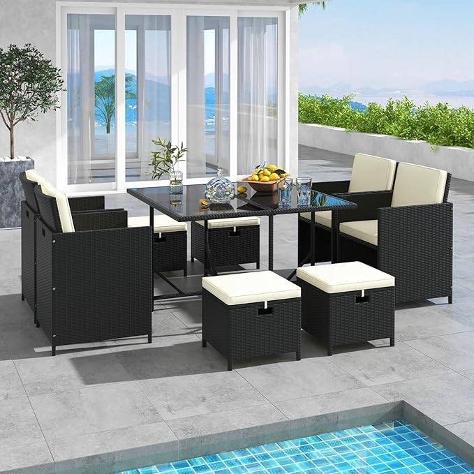 Tangkula 9 Pieces Outdoor Dining Furniture Set, Space-Saving Wicker Rattan Chairs & Tempered Glass Table with Ottomans, Cushioned Seat, Patio Conversation Set for Garden Yard Poolside